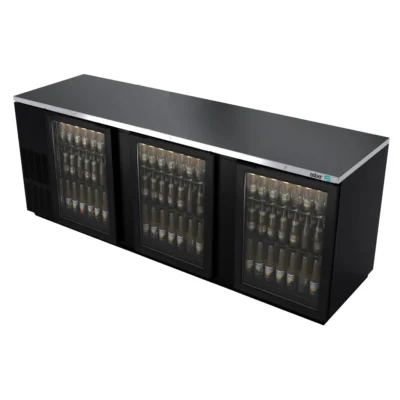 Asber Back Bar Cooler, 95-1/2", Self-Contained Refrigeration, Three-Section, Glass Doors
